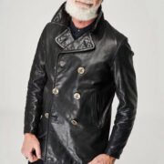 Stallone Navy 740 genuine leather coat men's lapel double-breasted horn button heavy washed vegetable tanned sheepskin jacket - Image 2