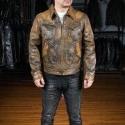 Replica RL Mendoza genuine leather jacket men's lapel multi-pocket washed retro distressed American yellow cowhide leather jacket - Image 4
